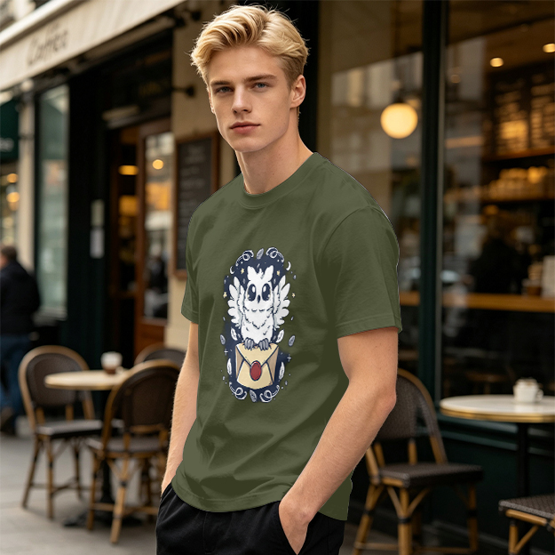 Owl with Envelope and Celestial Details Graphic T-Shirt