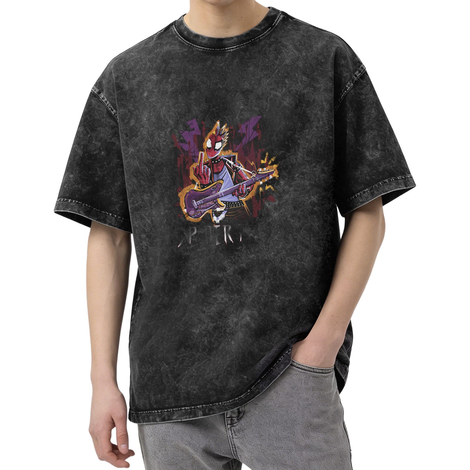 Distressed washed rock Spider-Man punk print short-sleeved T-shirt