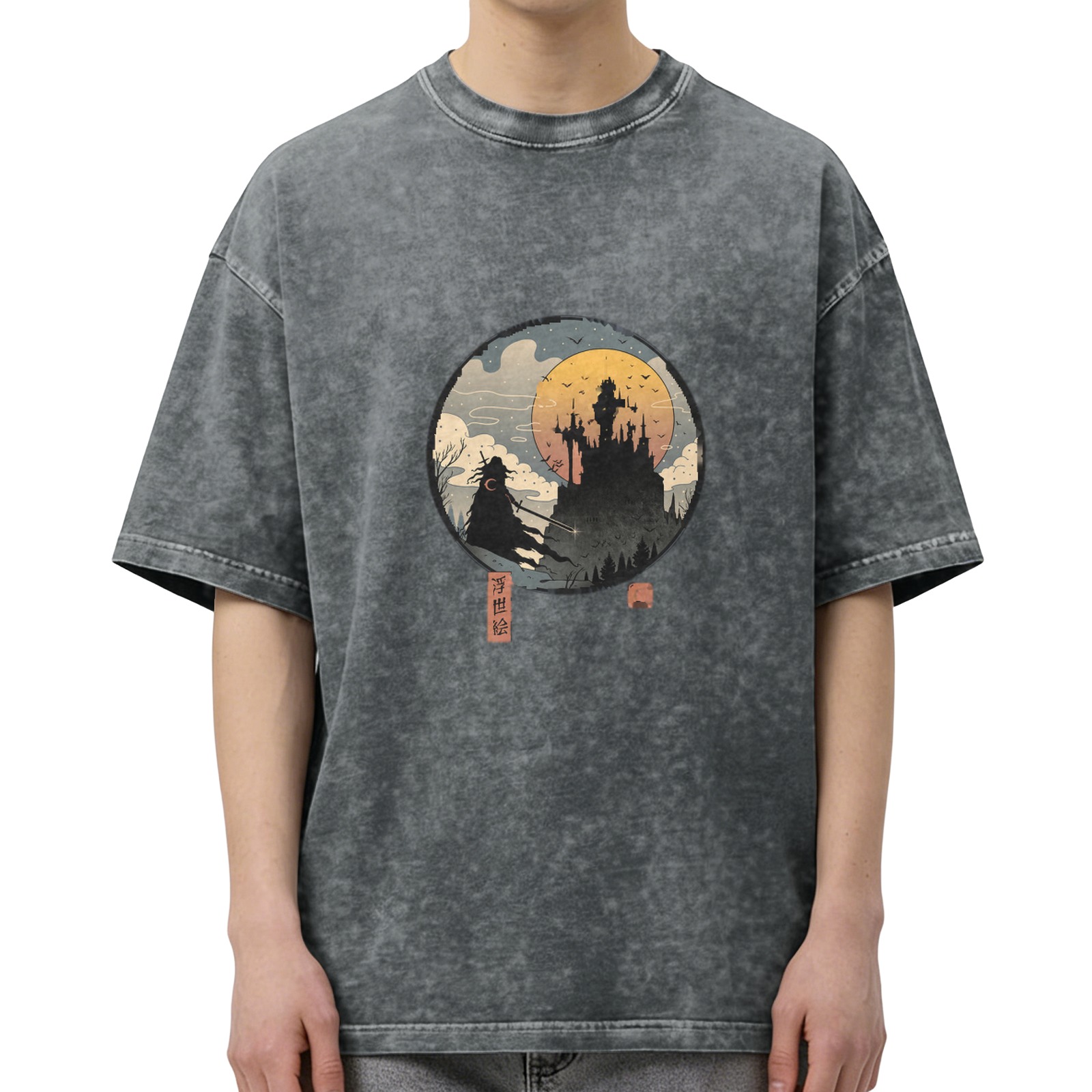 Distressed washed black round neck short-sleeved T-shirt Ukiyo-e style dark castle samurai pattern top