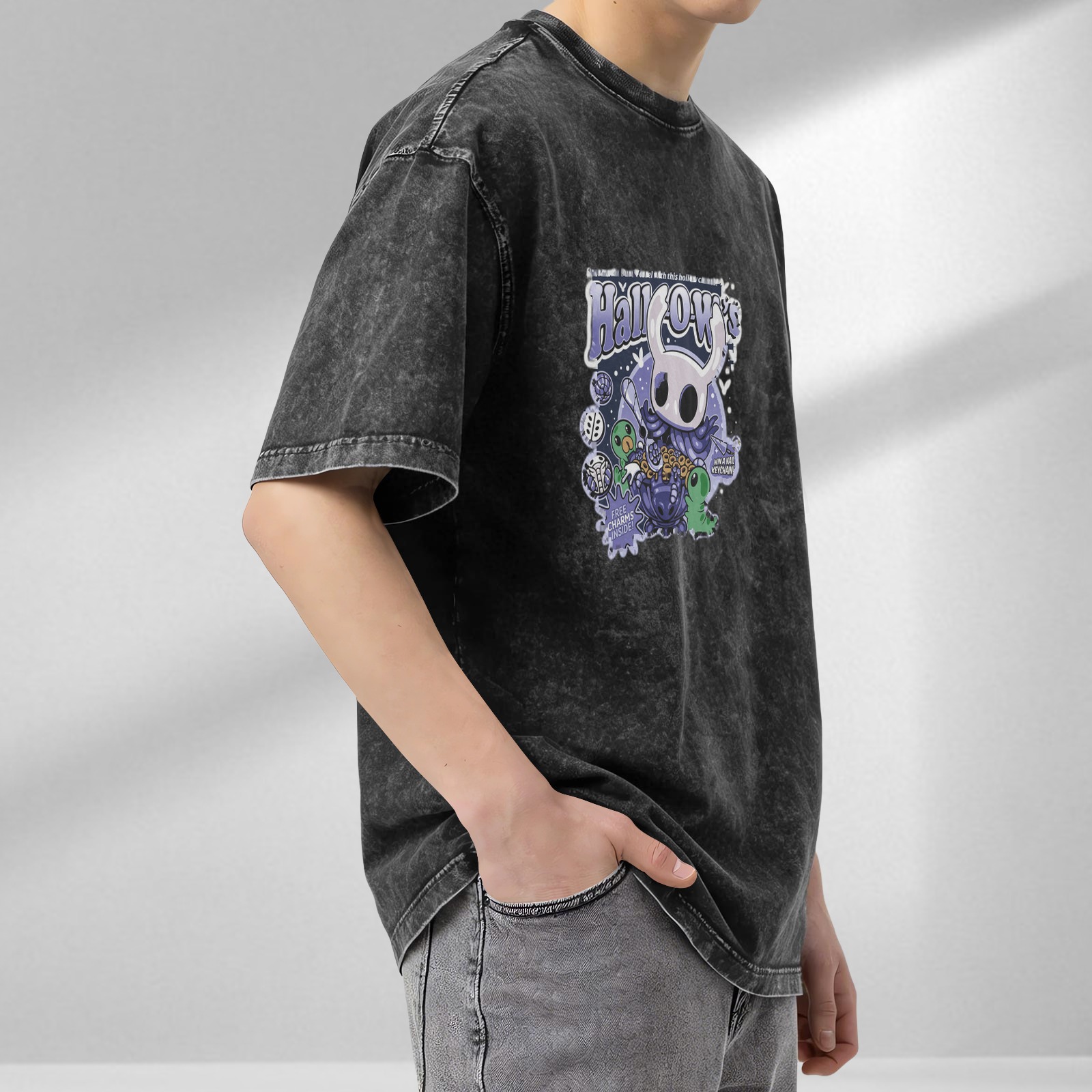 Hollow Knight themed washed distressed short-sleeved T-shirt dark style loose casual top