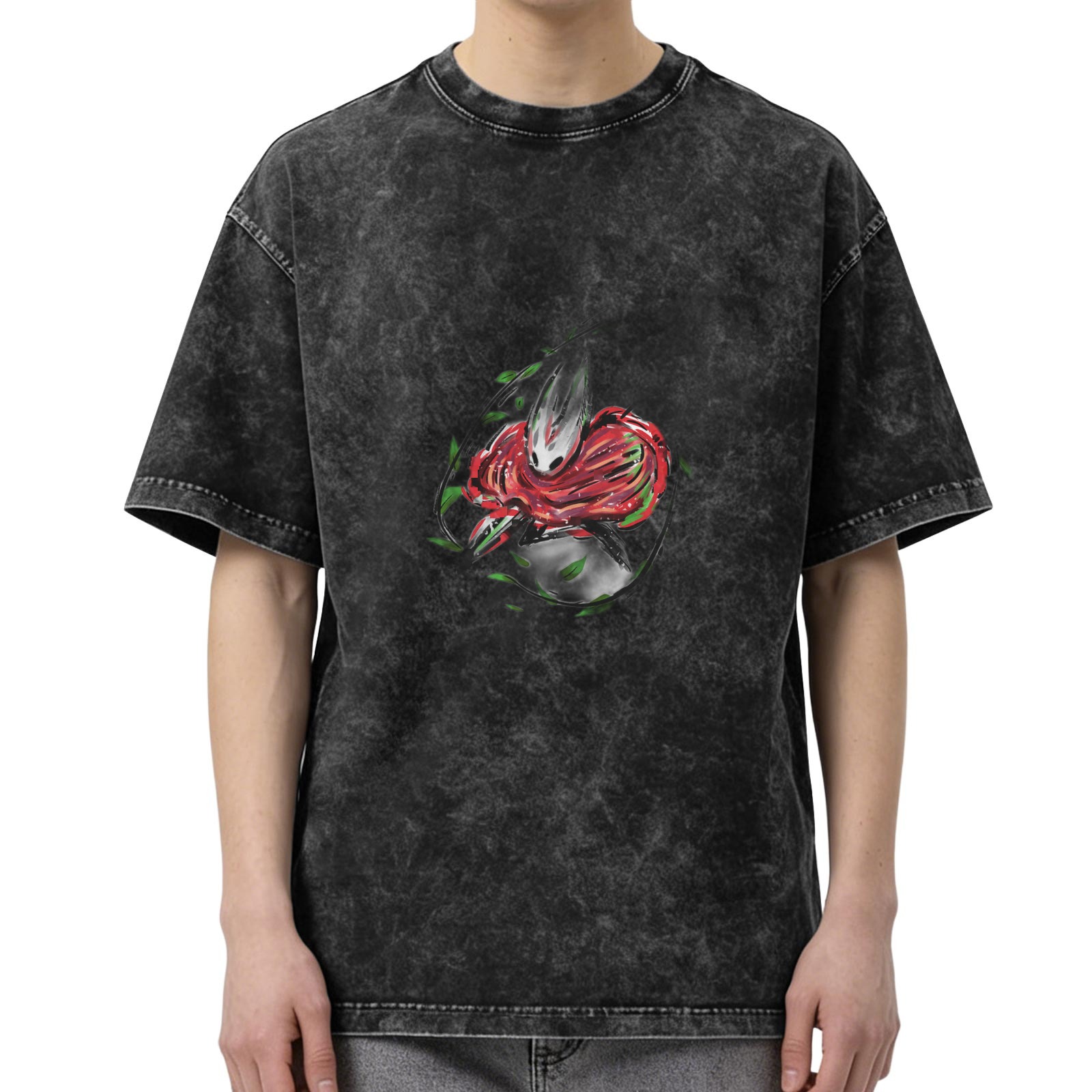 Washed black graphic t-shirt with stylized insect warrior art