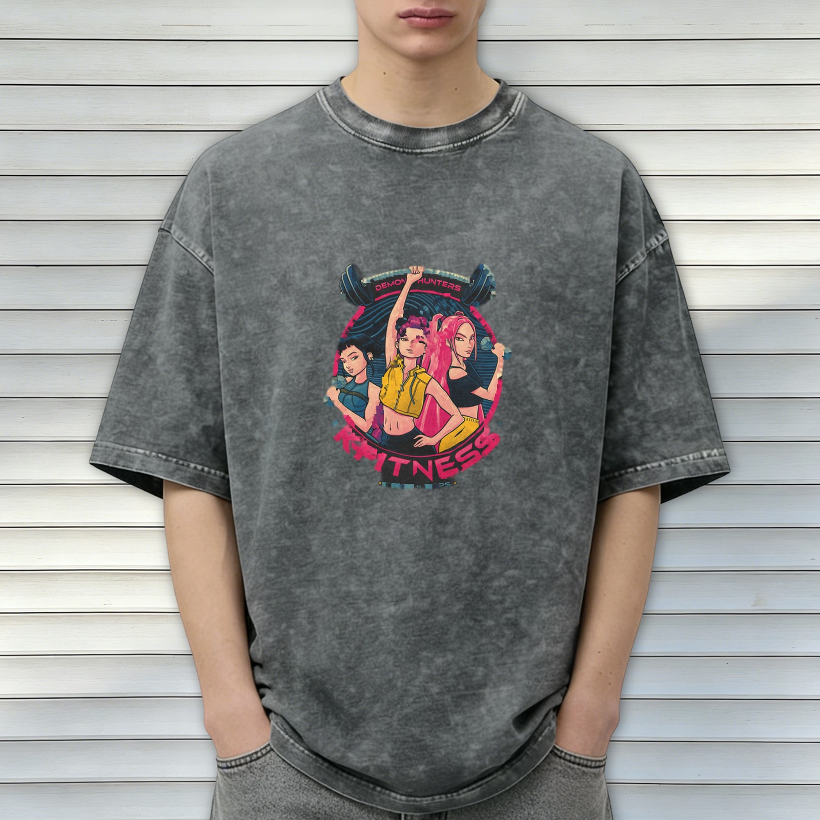 Washed Black Graphic T-Shirt with Anime Demon Hunters Fitness Design