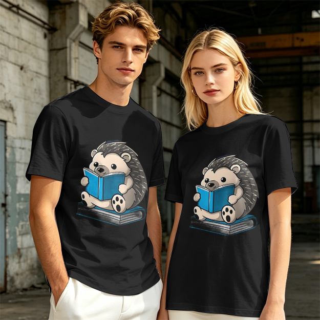 Olive T-shirt with Cute Hedgehog Reading a Book Graphic