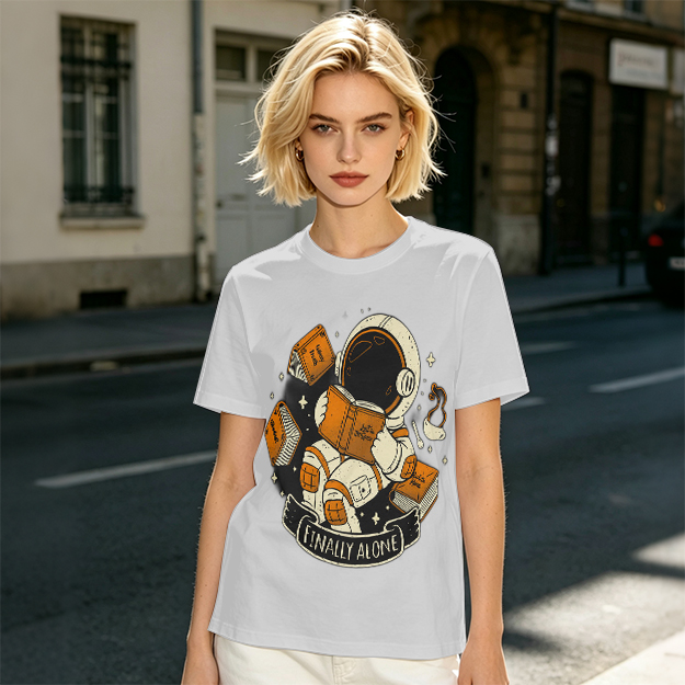 Astronaut Reading Book 'Finally Alone' Graphic T-Shirt Design