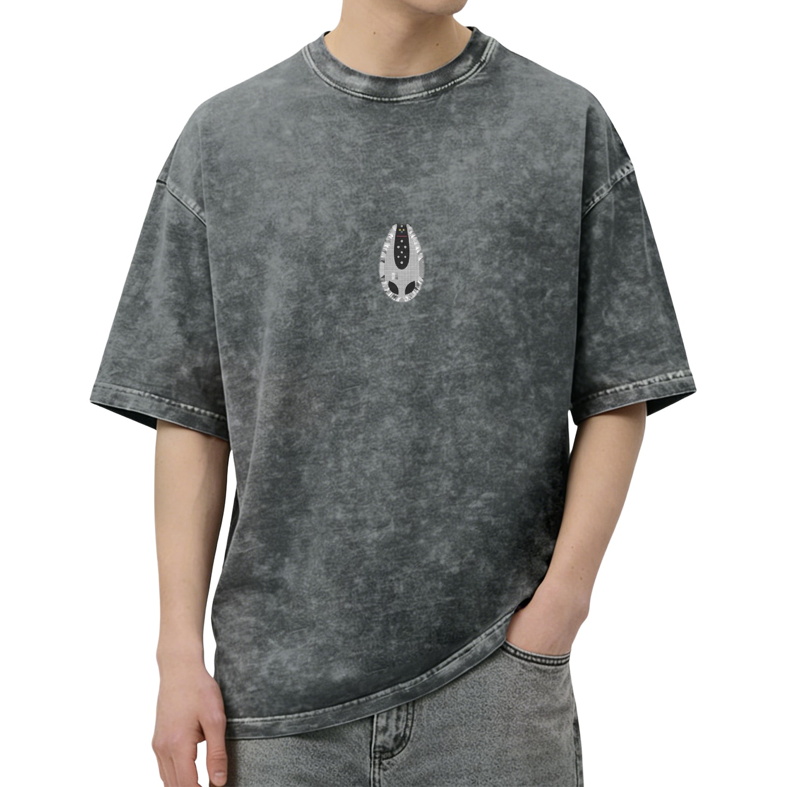 Oversized Black Acid Wash T-Shirt With Alien Face Graphic