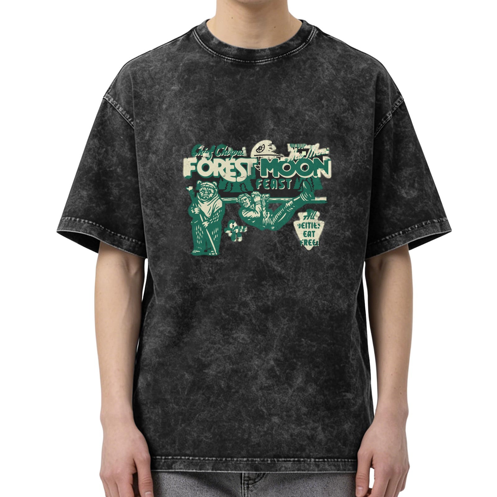Washed black graphic t-shirt with Forest Moon Feast design