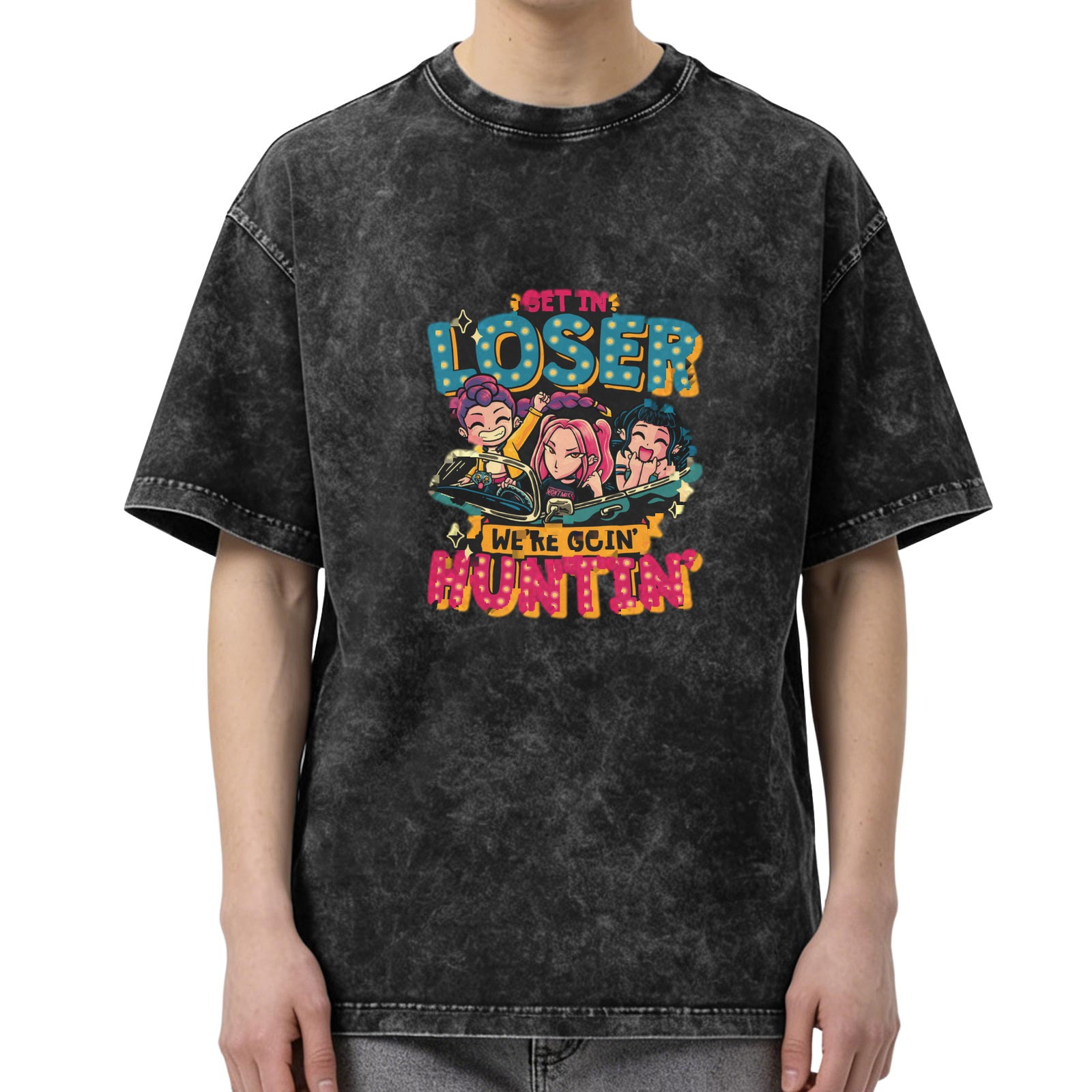 Washed black graphic t-shirt with get in loser we're goin huntin design