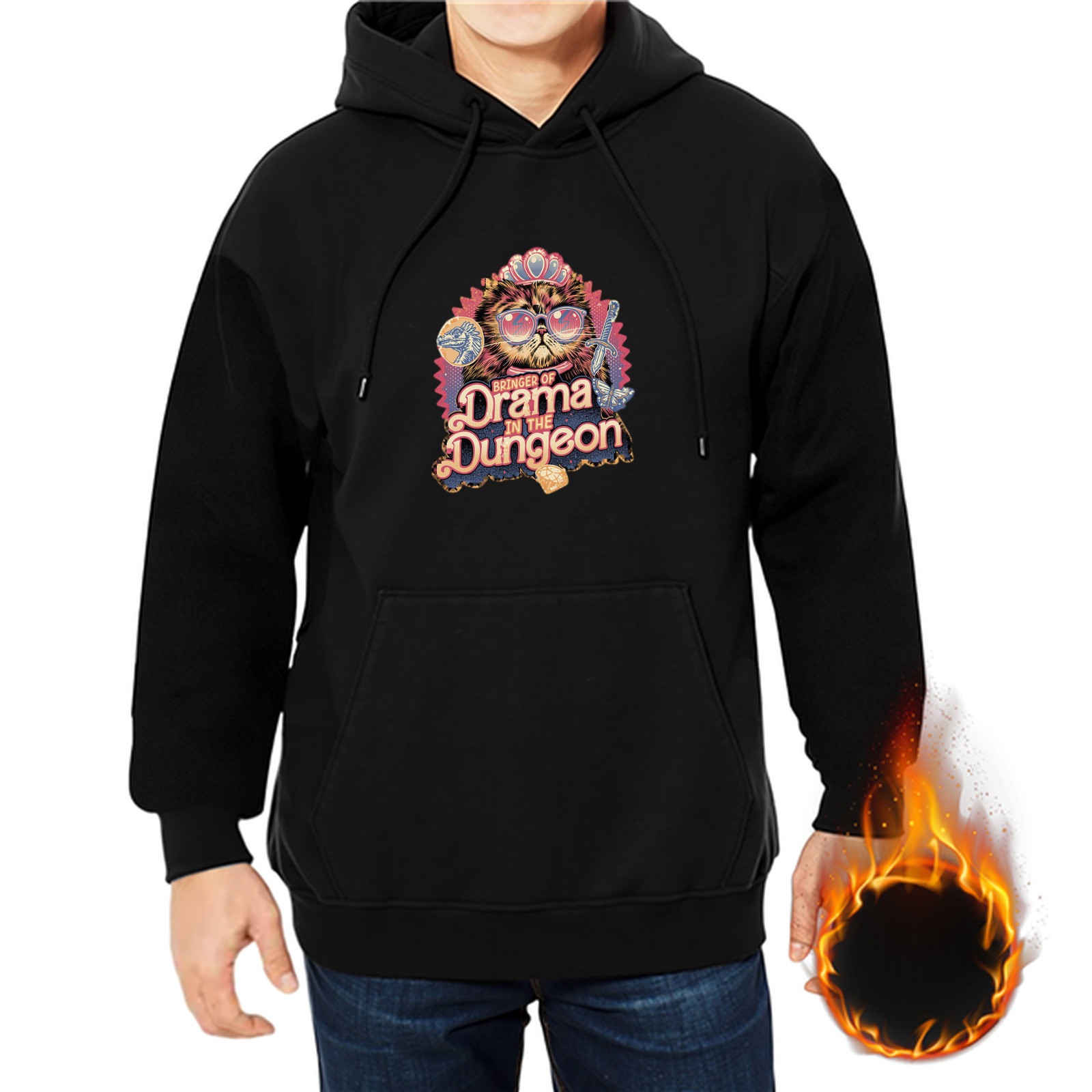 Black hoodie with 'Drama in the Dungeon' cat graphic print