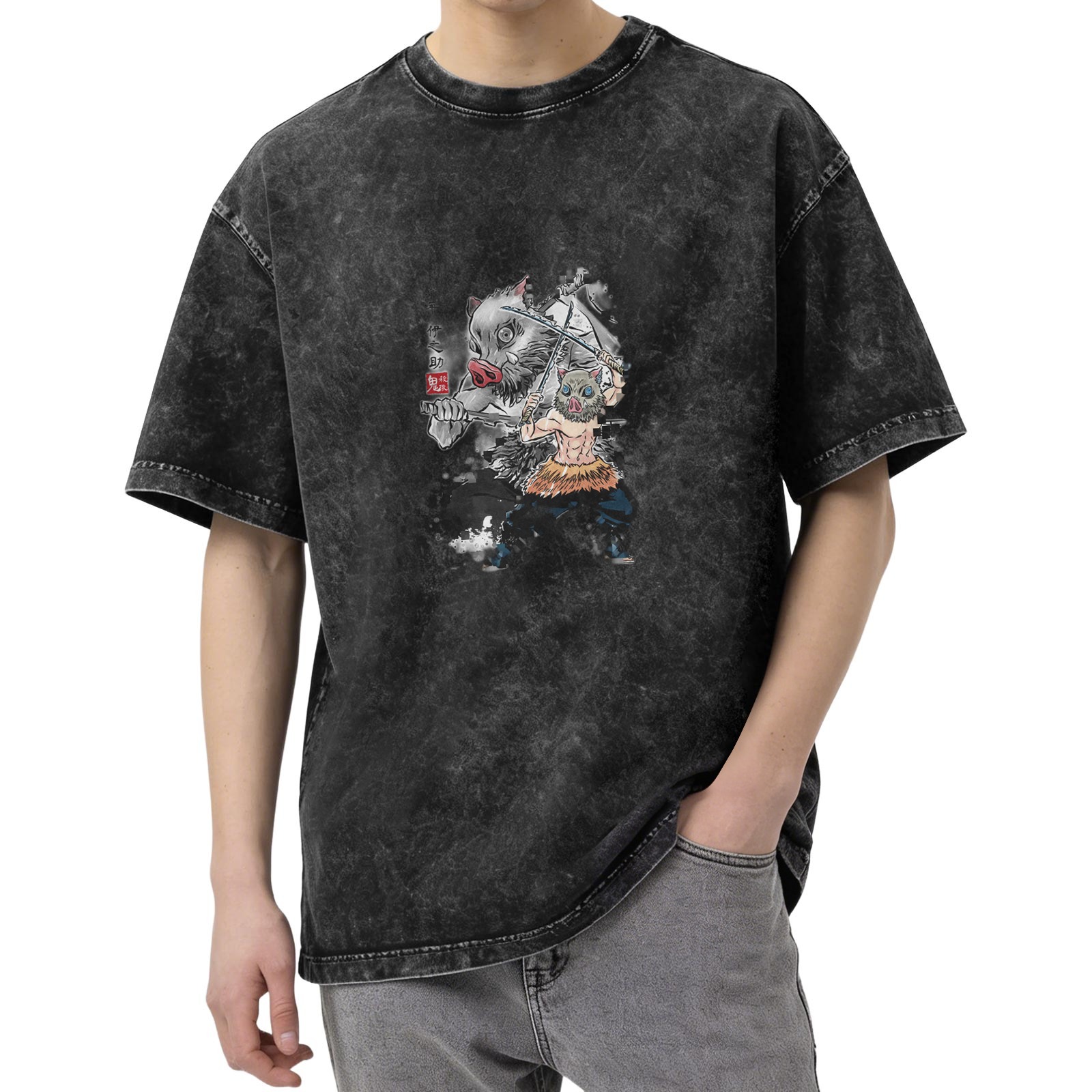 oversized washed anime graphic t-shirt with boar mask character design