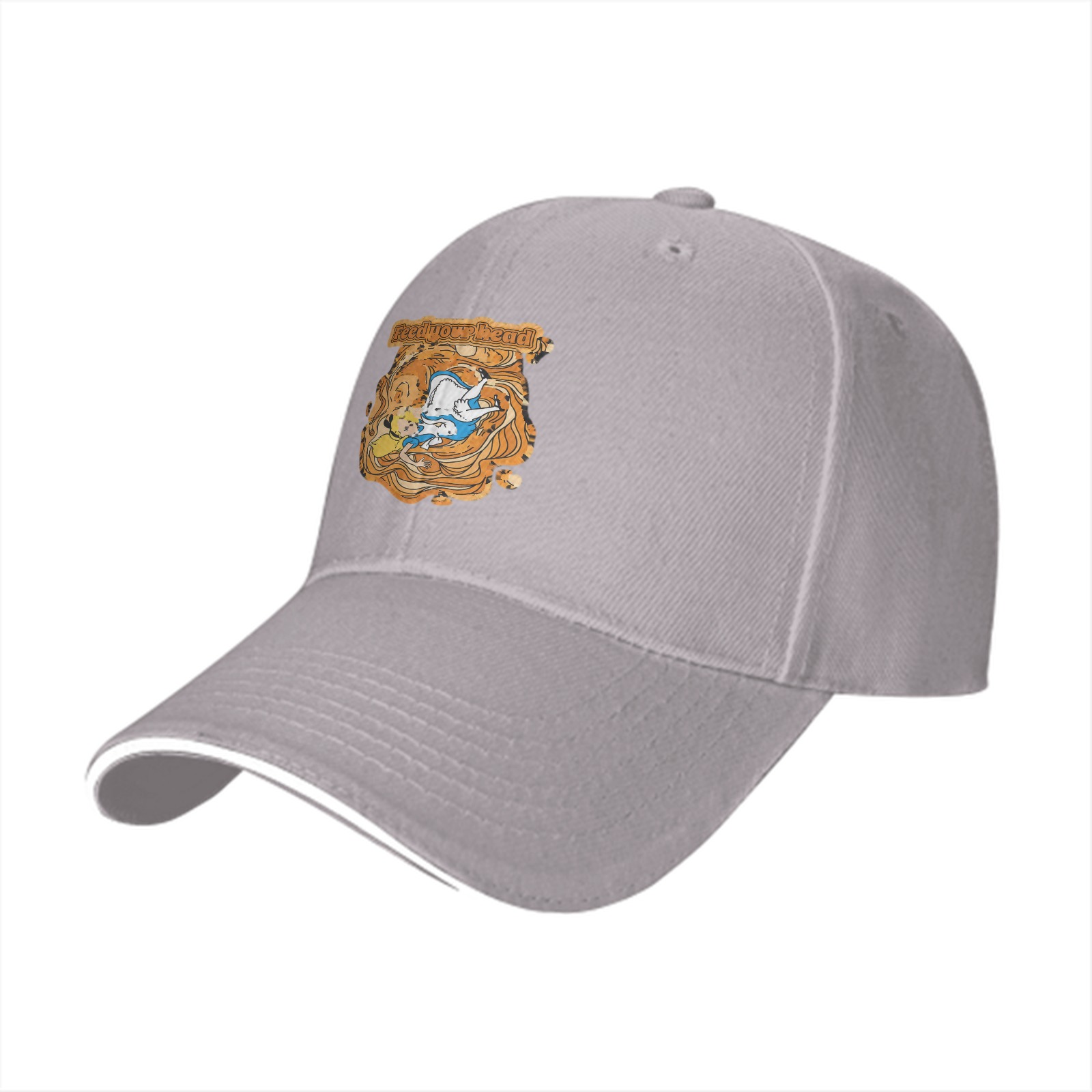 Black baseball cap with whimsical illustrated character design