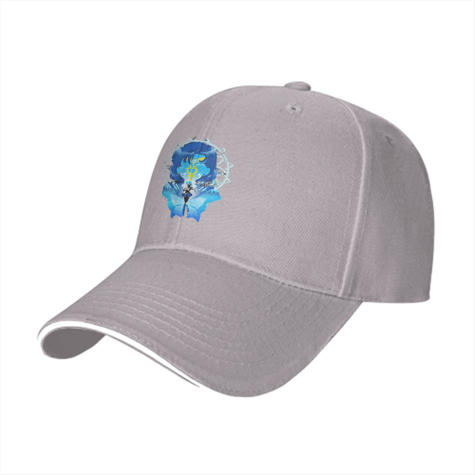 Black Baseball Cap With Blue Anime Character Art Print