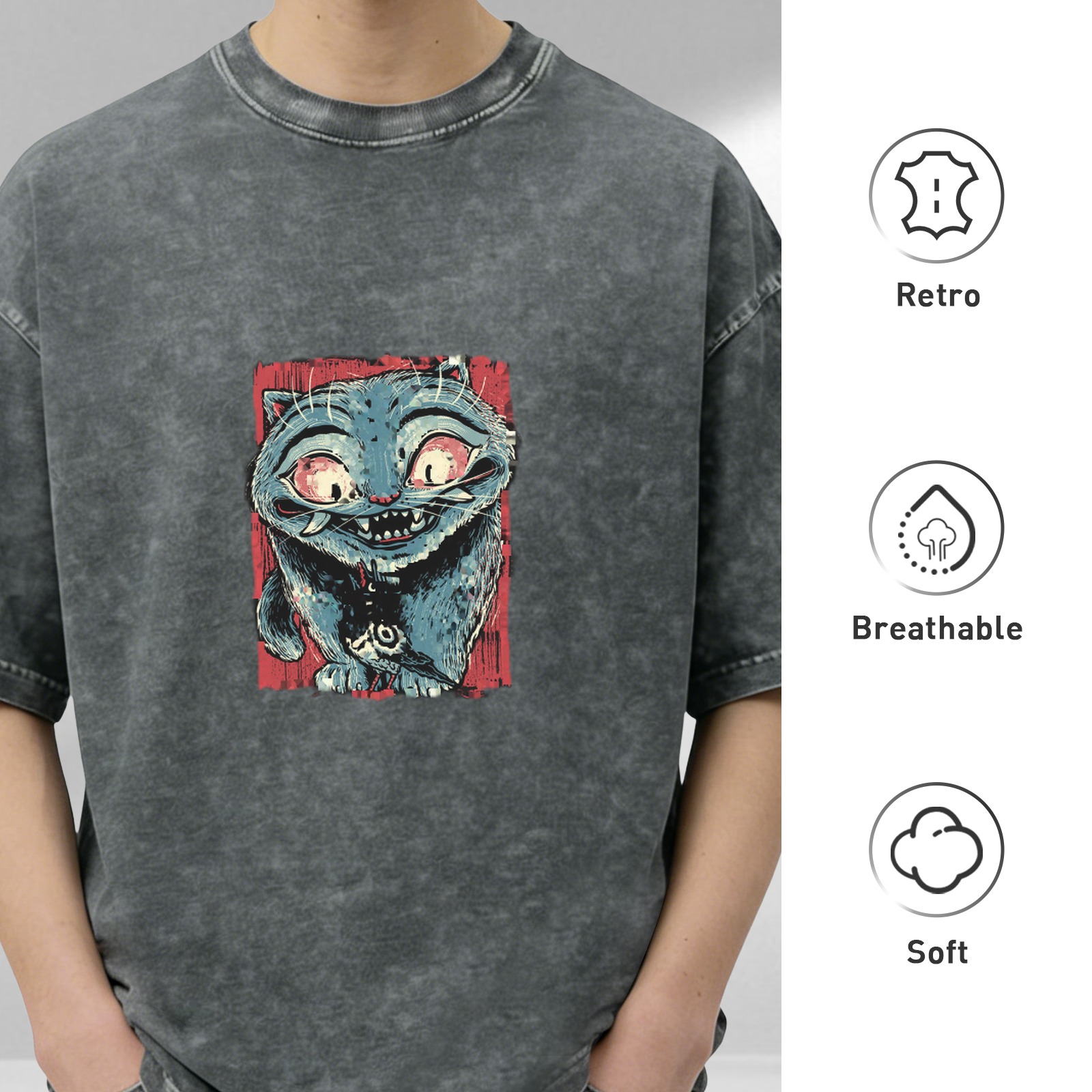 Oversized Acid Wash T-Shirt With Creepy Blue Cat Graphic