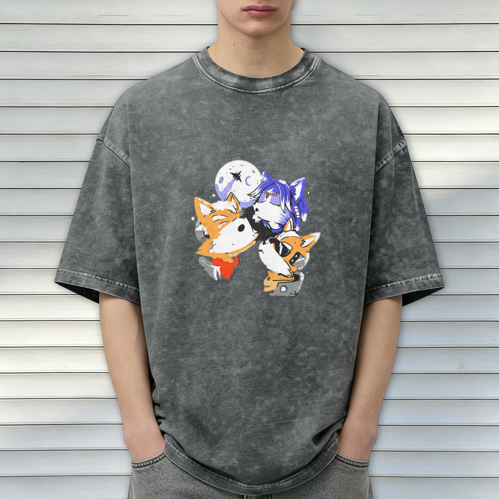 Oversized Acid Wash T-Shirt With Space Fox Cartoon Graphic Print