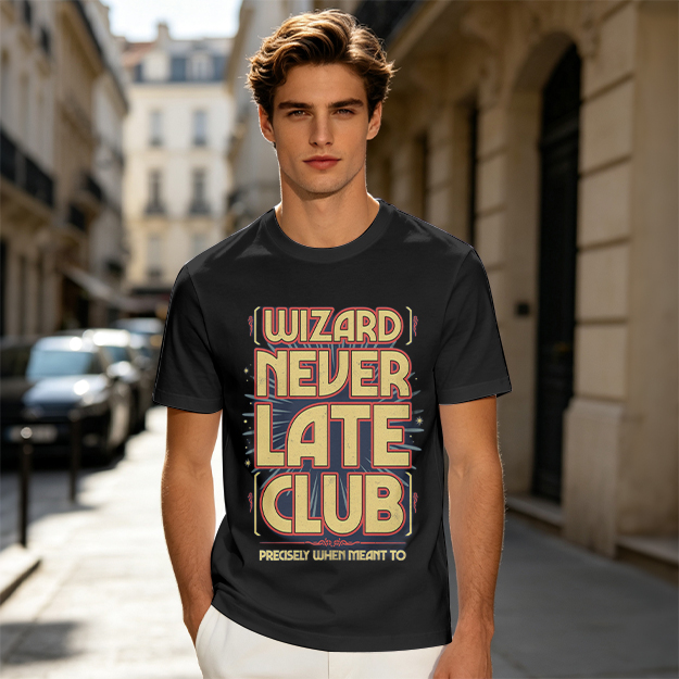 Olive t-shirt with Wizard Never Late Club graphic print