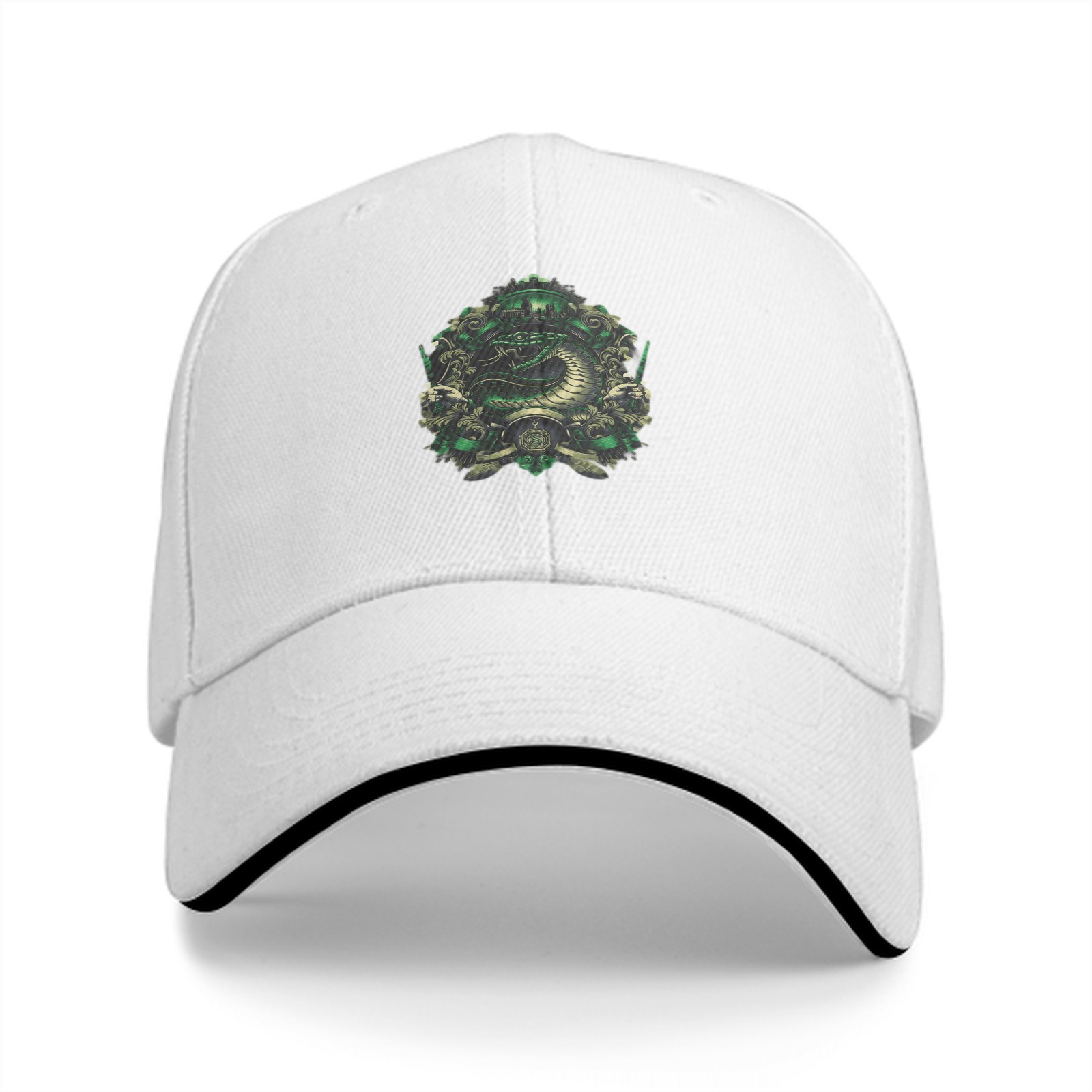 Black Baseball Cap With Green Serpent Emblem Design