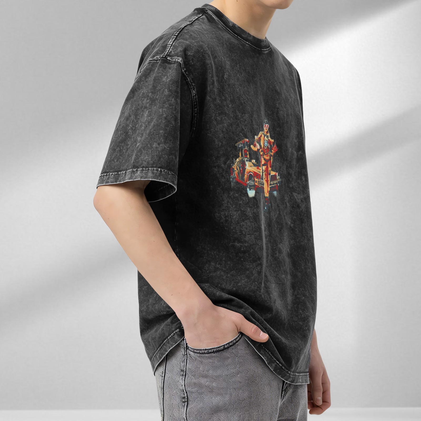 Oversized Acid Wash T-Shirt With Retro Sci-Fi Car And Character Print