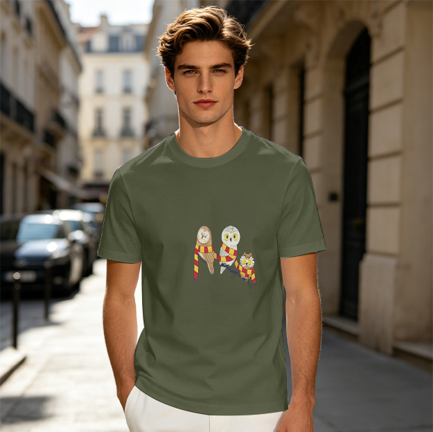 Owl Family in House Scarf Graphic Olive Green Casual T-Shirt