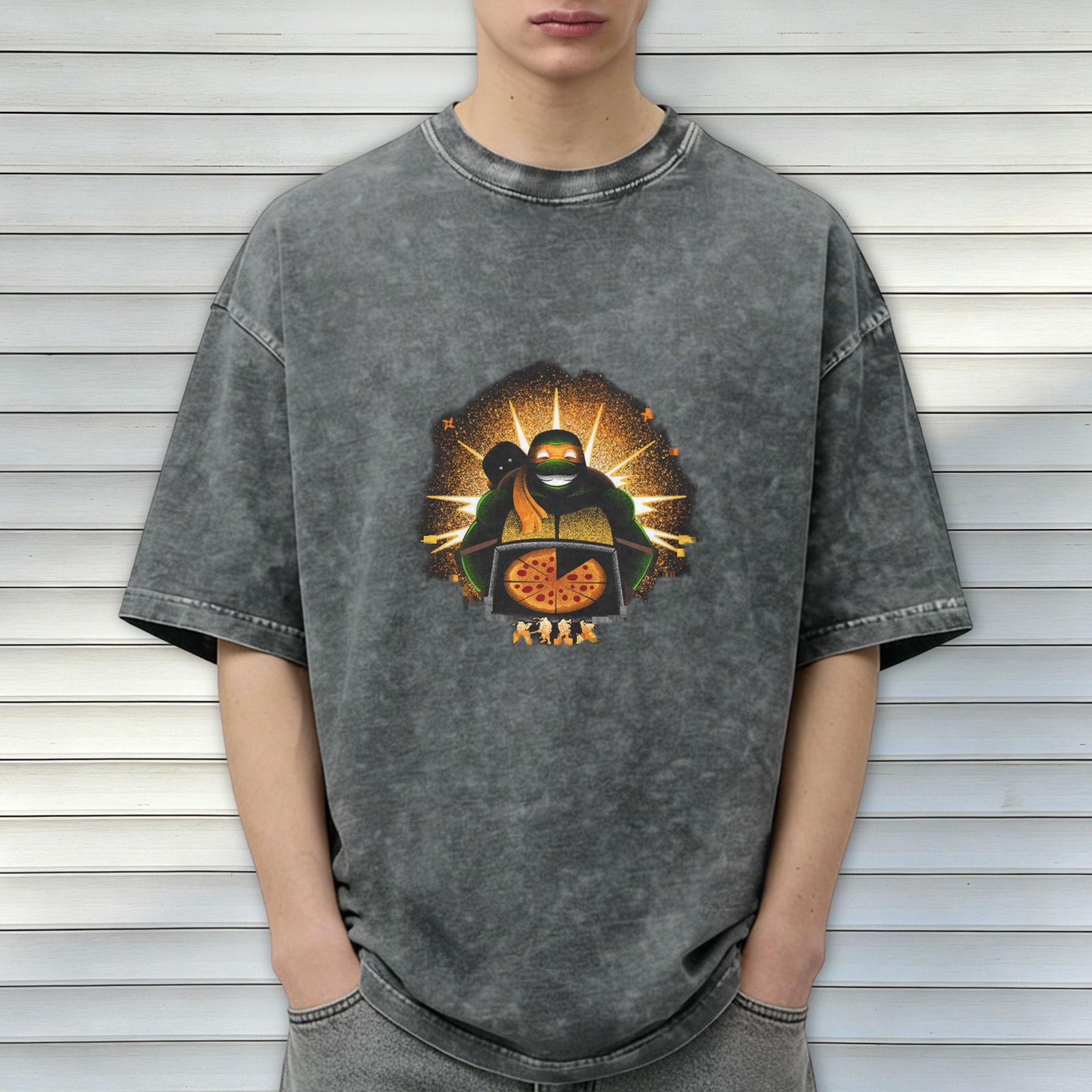 Washed Black T-Shirt With Ninja Turtle Holding Pizza Graphic