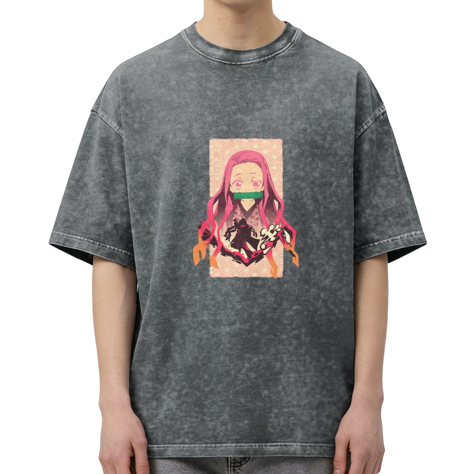Demon Slayer: Kimetsu no Yaiba Nezuko themed distressed washed black short-sleeved T-shirt anime peripheral loose casual top