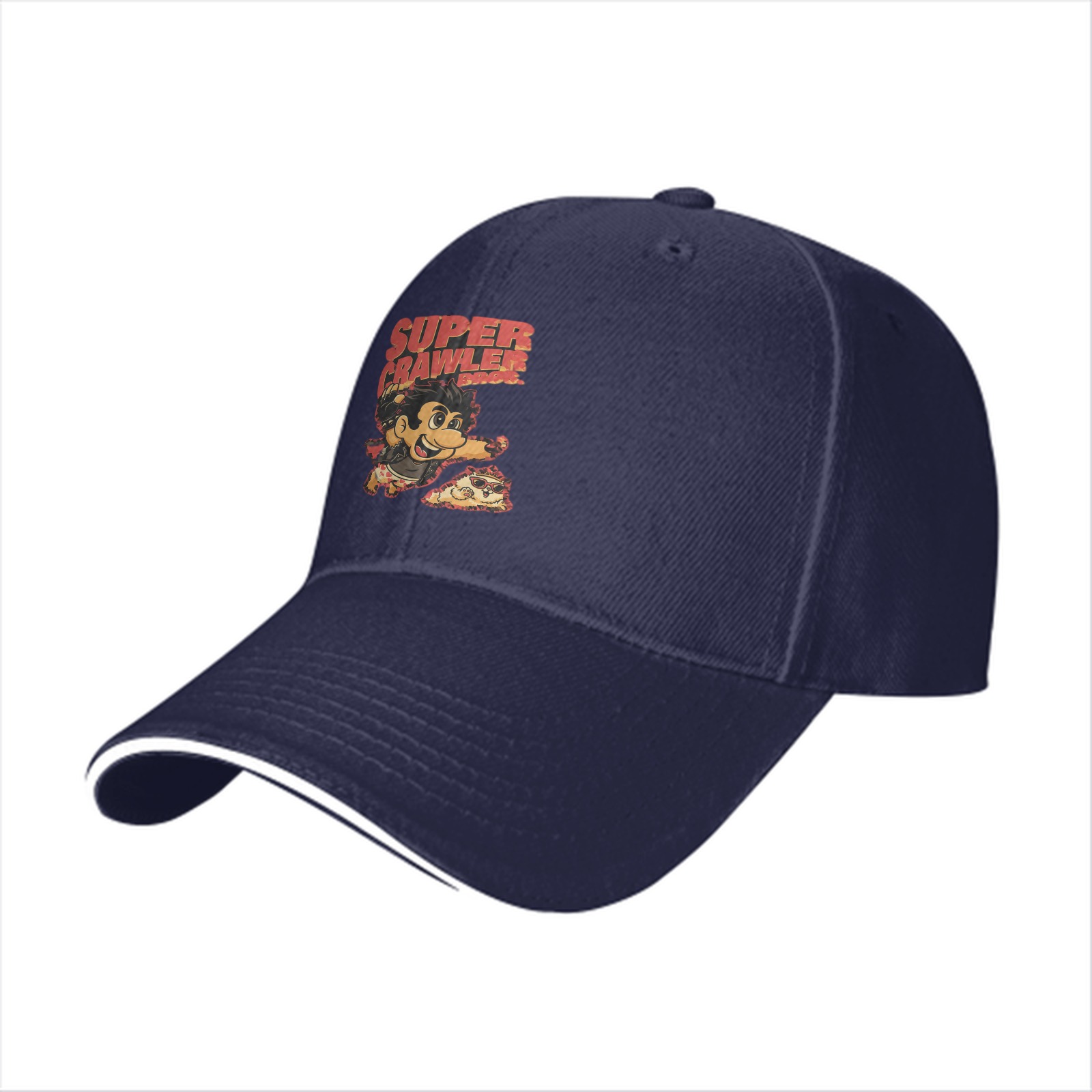 Black baseball cap with Super Crawler pizza-themed cartoon graphic