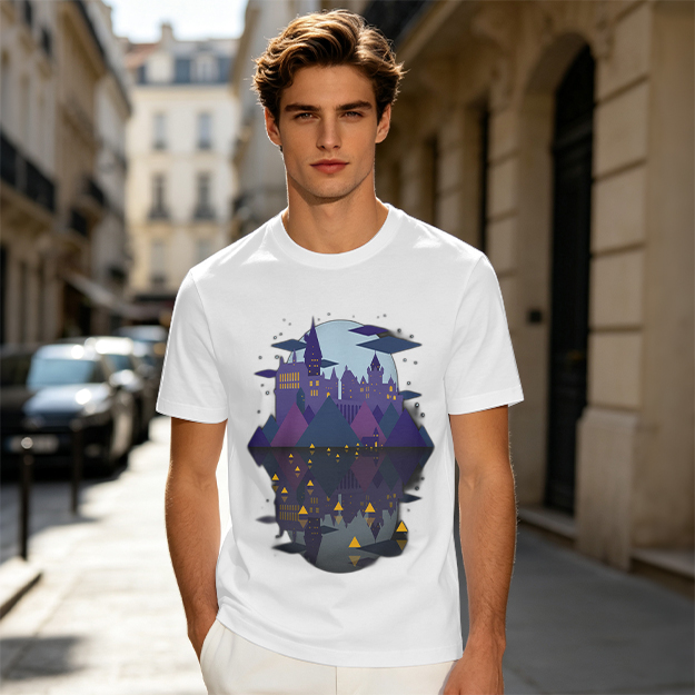 Olive T-Shirt With Night Castle Lake Reflection Graphic