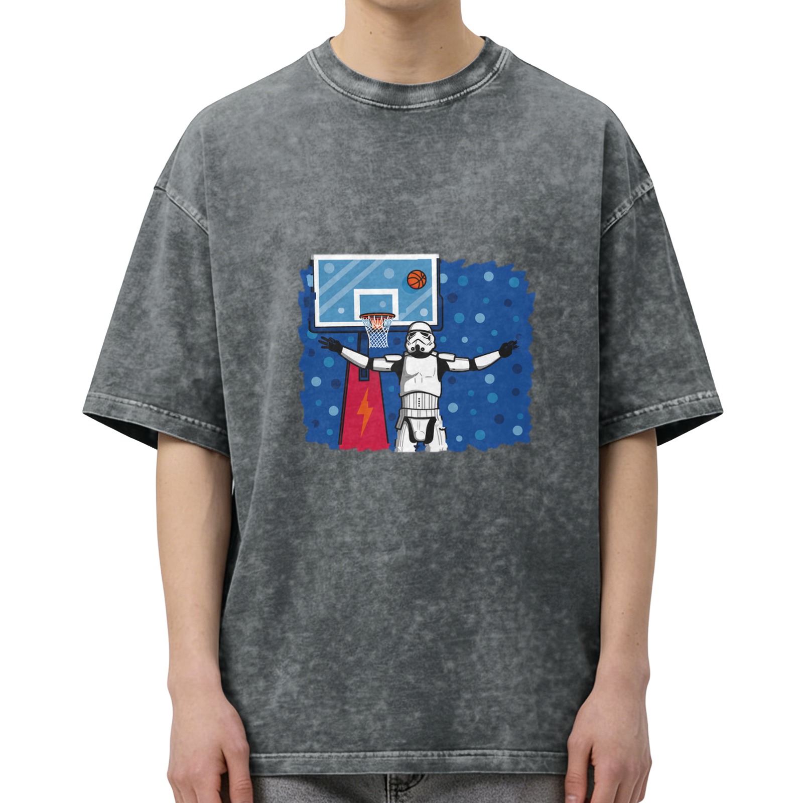 Washed Black T-Shirt with Stormtrooper Basketball Graphic Design