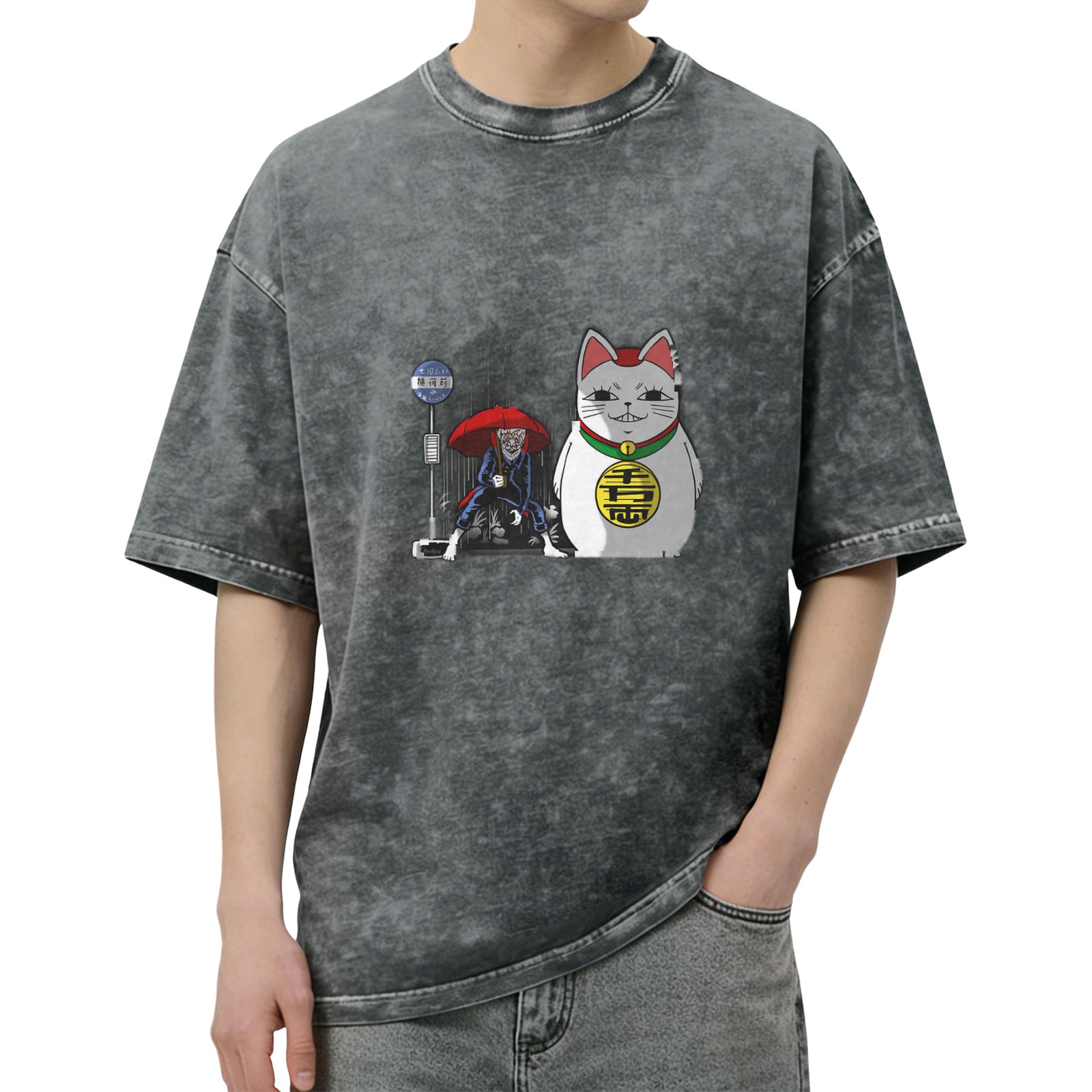 oversized acid wash t-shirt with japanese maneki neko and yokai graphic