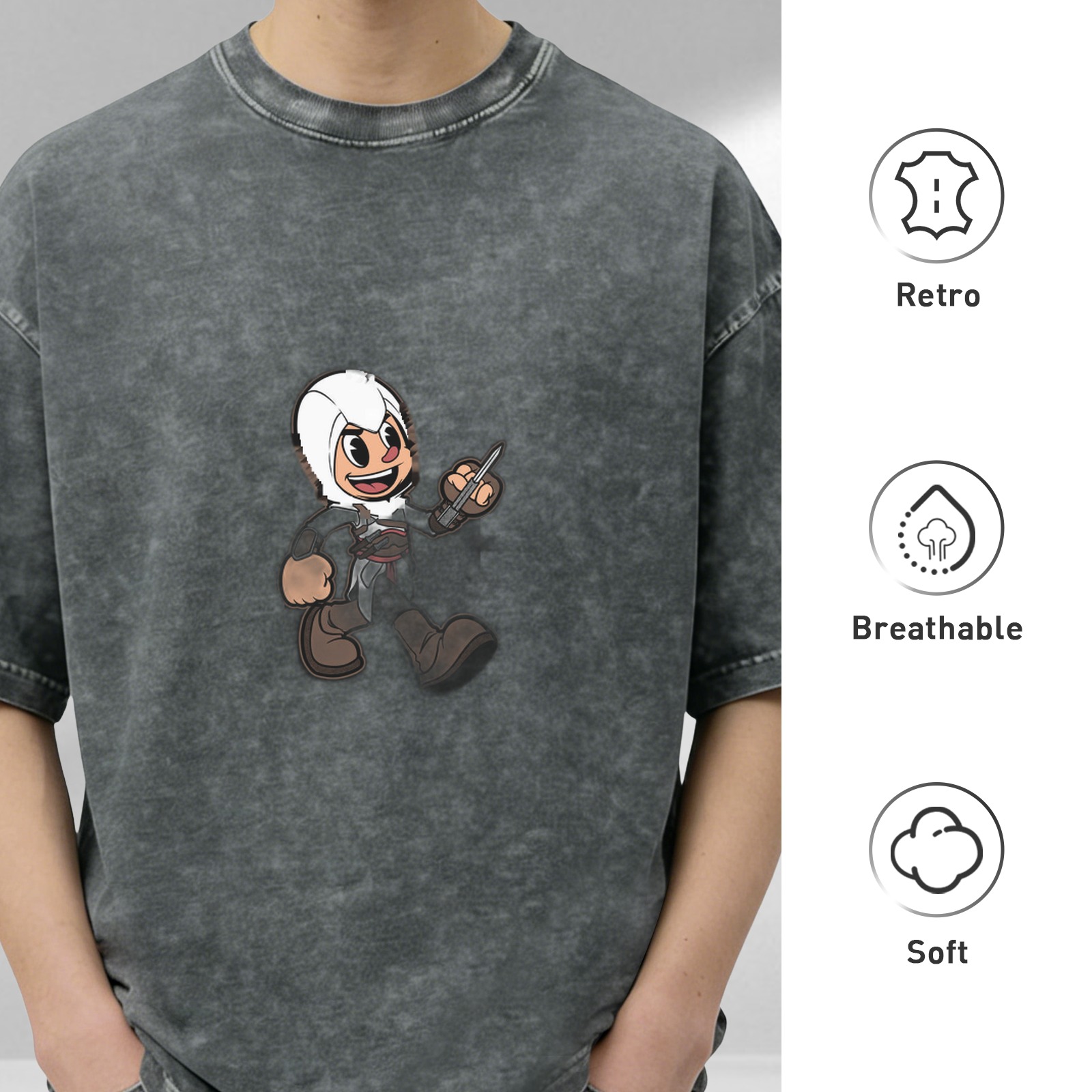 Oversized Acid Wash T-Shirt With Cartoon Assassin Print