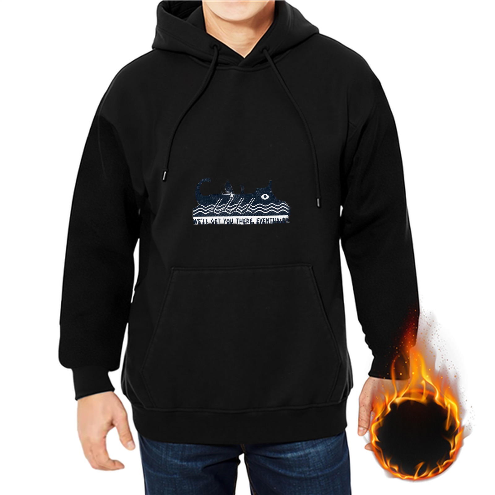 Black Hoodie With Cat Boat Graphic And 'We'll Get You There Eventually' Text