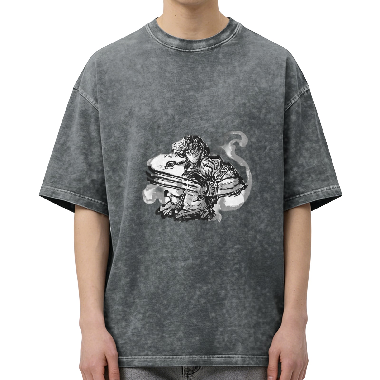 Washed black graphic t-shirt with ink-style warrior print