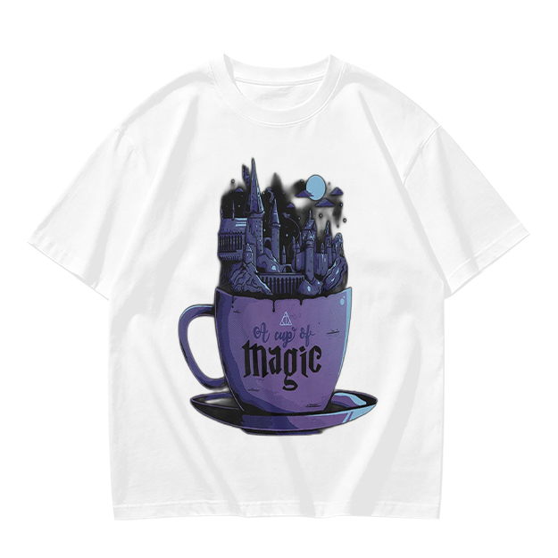 Olive T-Shirt With Teacup Holding Magical Castle Artwork