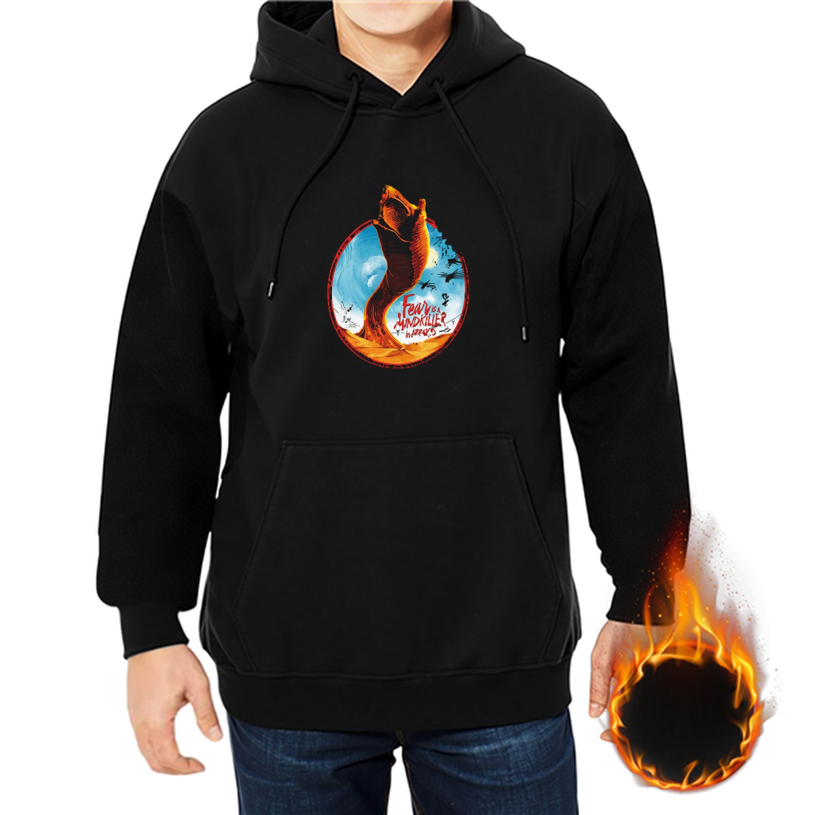 Black hoodie with sandworm desert graphic print
