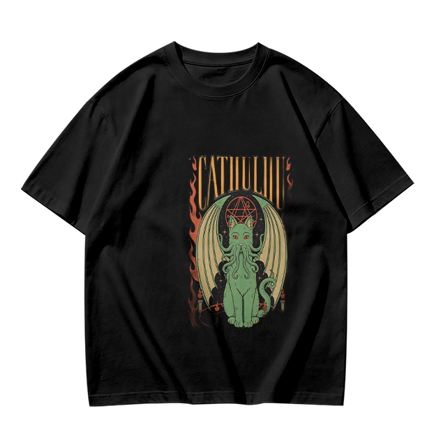 Olive T-shirt with Cthulhu Cat Graphic Print