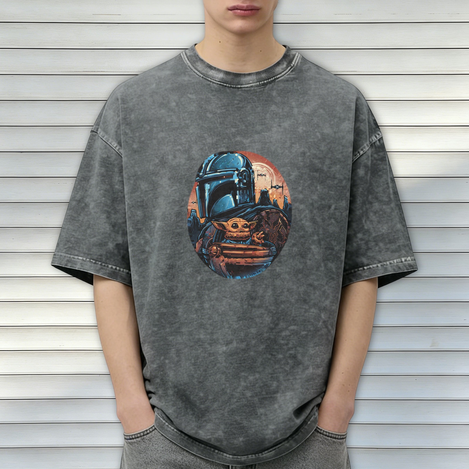 Star Wars The Mandalorian and Grogu Graphic Black Wash T-Shirt
