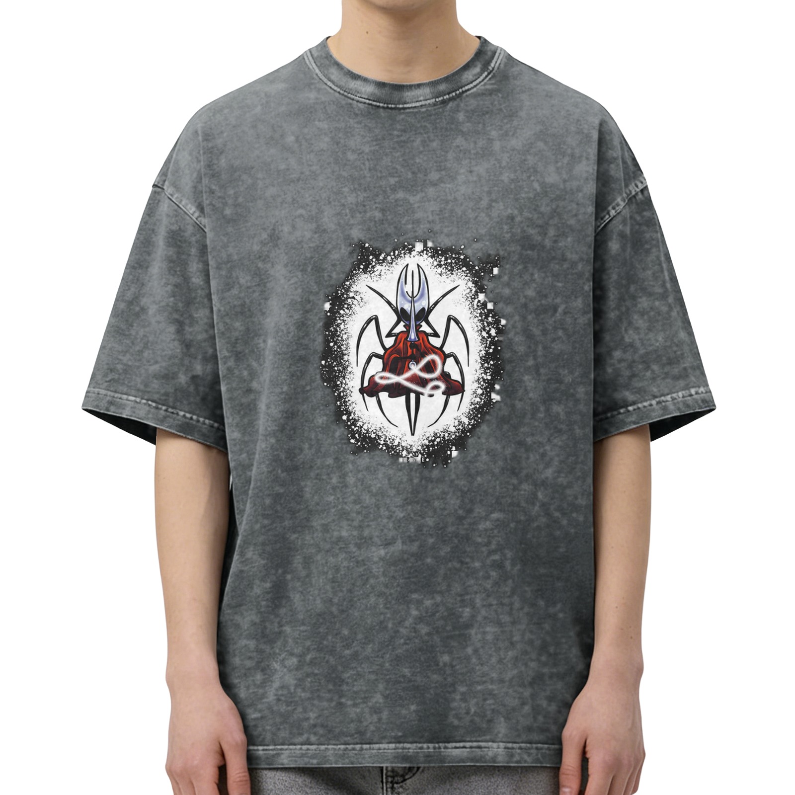 Oversized Acid Wash T-Shirt With Spider-Inspired Graphic Print