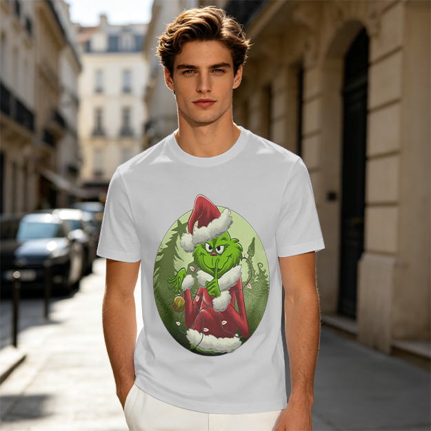 Olive Green T-Shirt Featuring The Grinch In Santa Costume