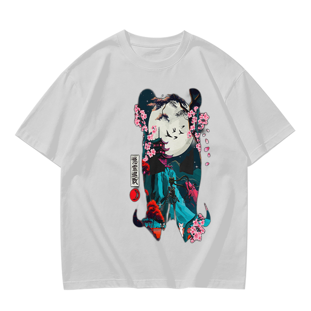 Olive T-shirt with Japanese-inspired moon and cherry blossom graphic