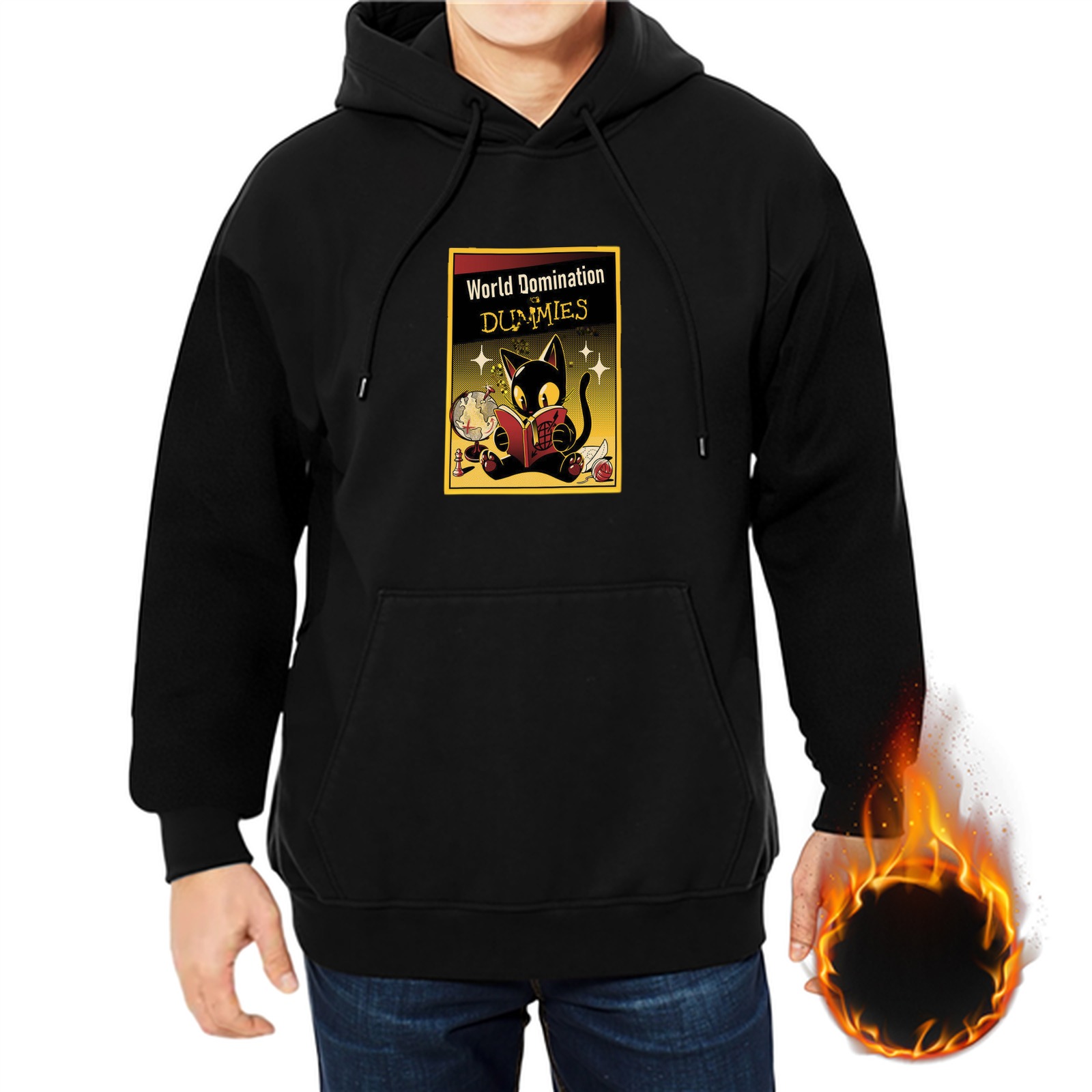 Black hoodie with a black cat reading World Domination For Dummies graphic