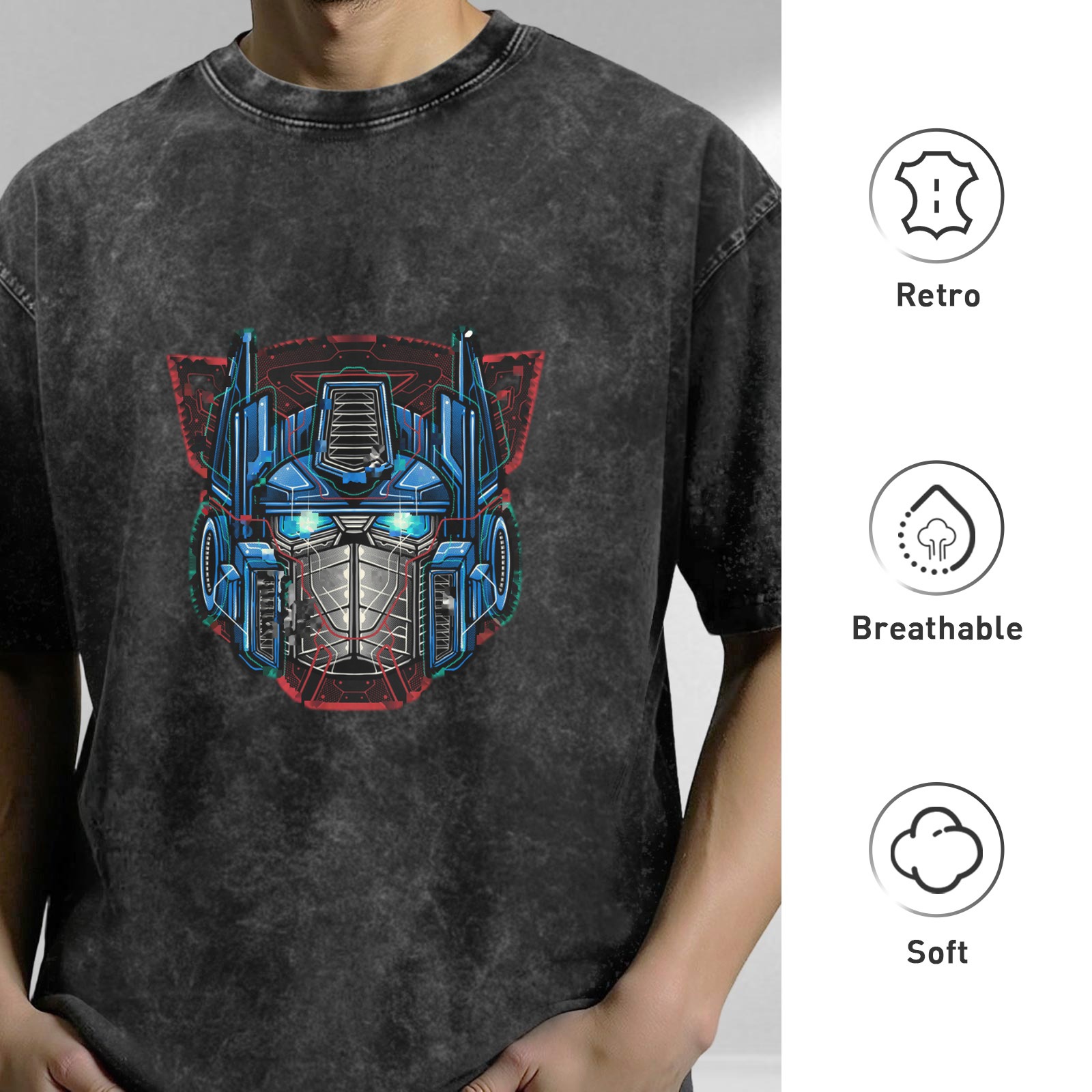 Washed Black T-Shirt With Robot Head Graphic Print