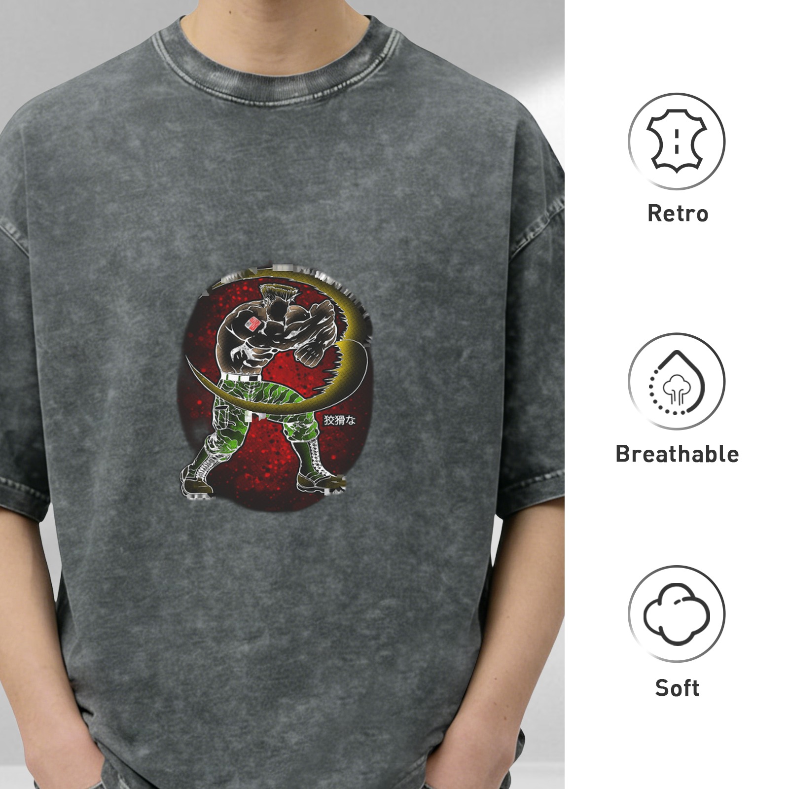 Oversized Acid Wash T-Shirt With Fighter Graphic Print
