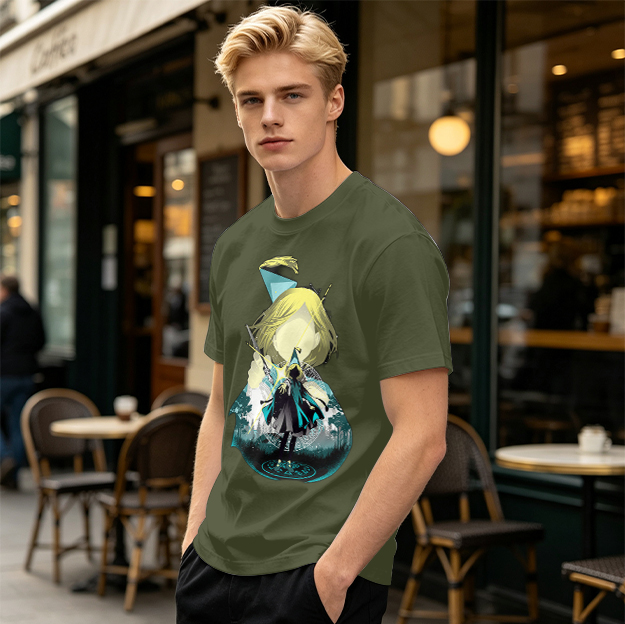 Olive T-Shirt With Chibi Wizard Anime Character Print