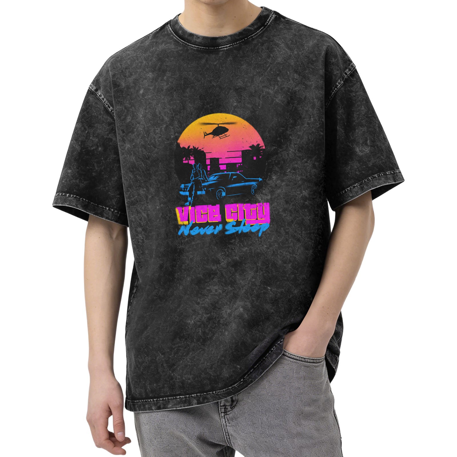 Vice City Never Sleep Retro Graphic Acid Wash T-Shirt