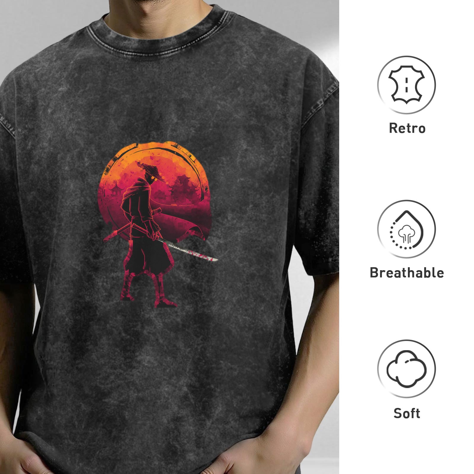 Oversized Acid Wash T-Shirt With Samurai Silhouette Sunset Print