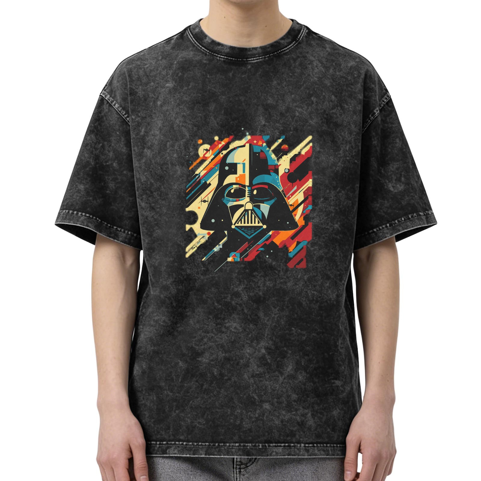 Washed Black T-Shirt with Retro Darth Vader Graphic Print