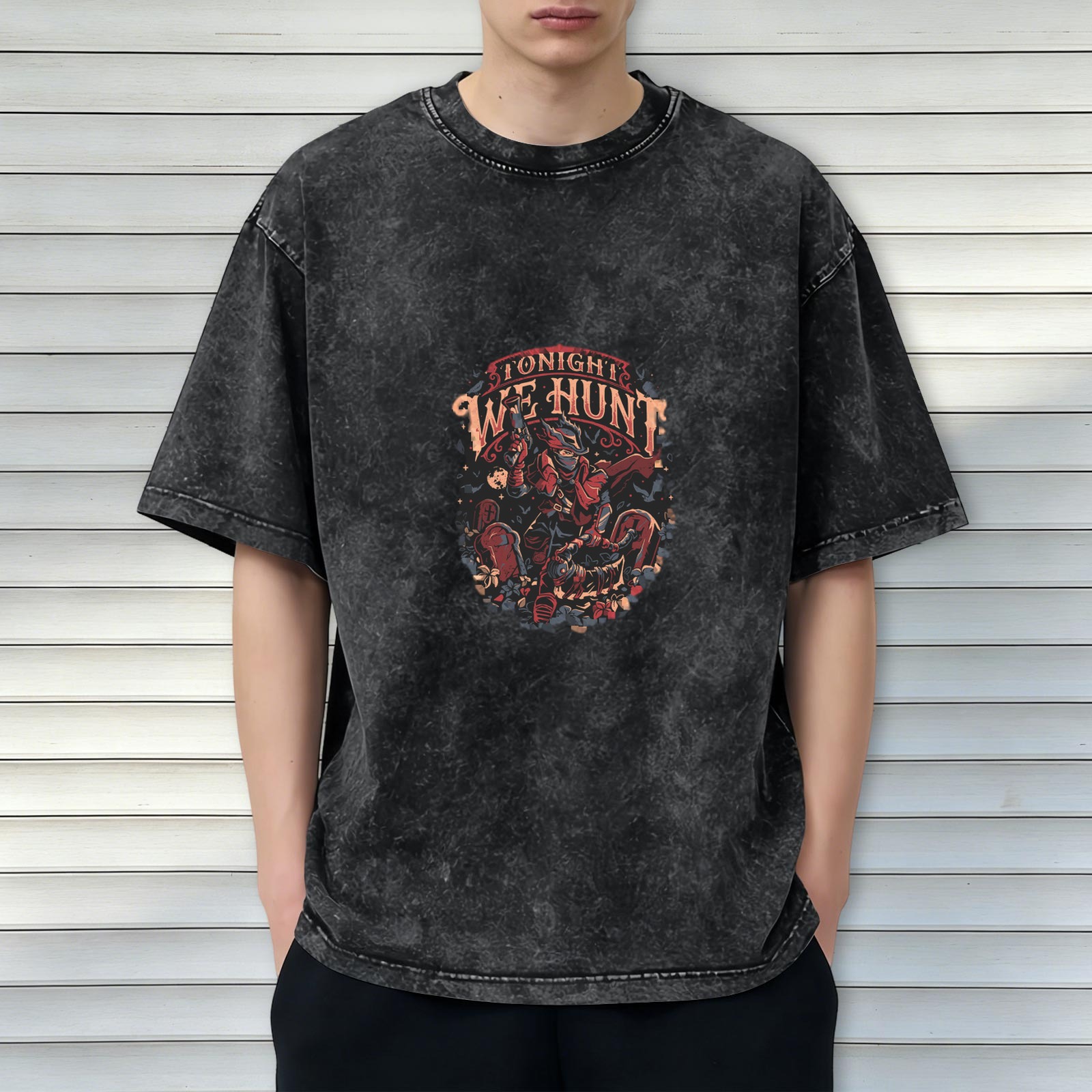 Washed Black Graphic T-Shirt With Tonight We Hunt Monster Hunter Design
