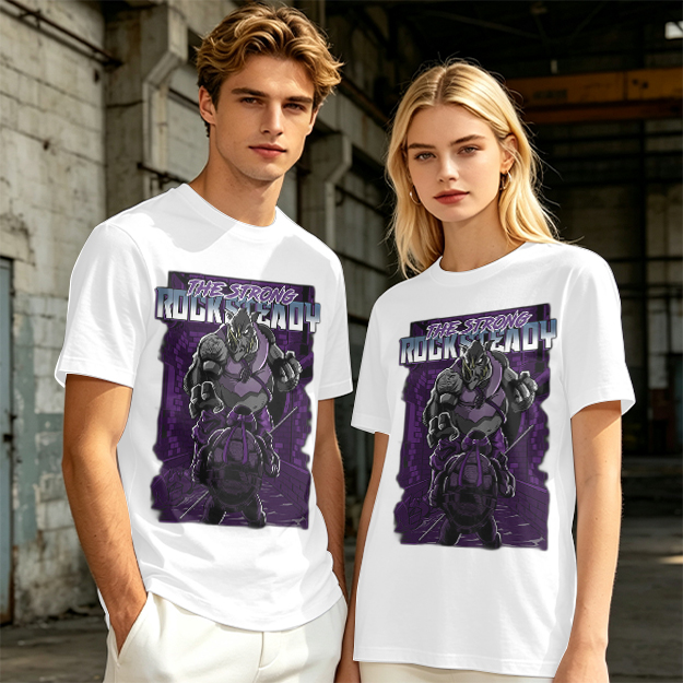Olive green t-shirt featuring Rocksteady the strong mutant character