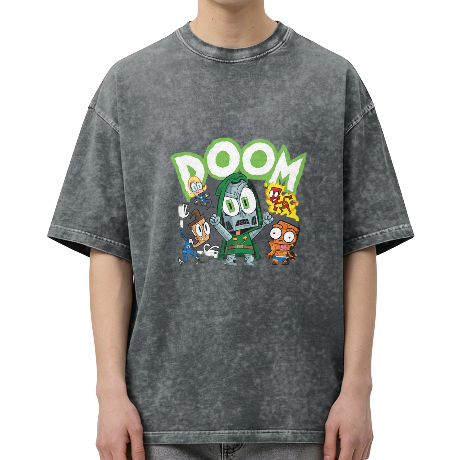 Washed Black T-Shirt With Chibi Doom And Fantastic Four Artwork