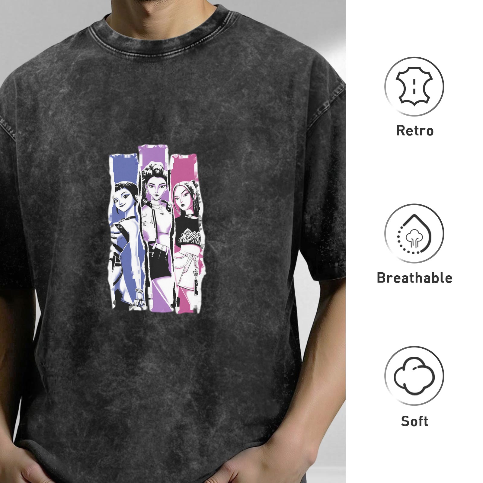 Oversized Acid Wash T-Shirt With Three Anime Girl Graphic Print