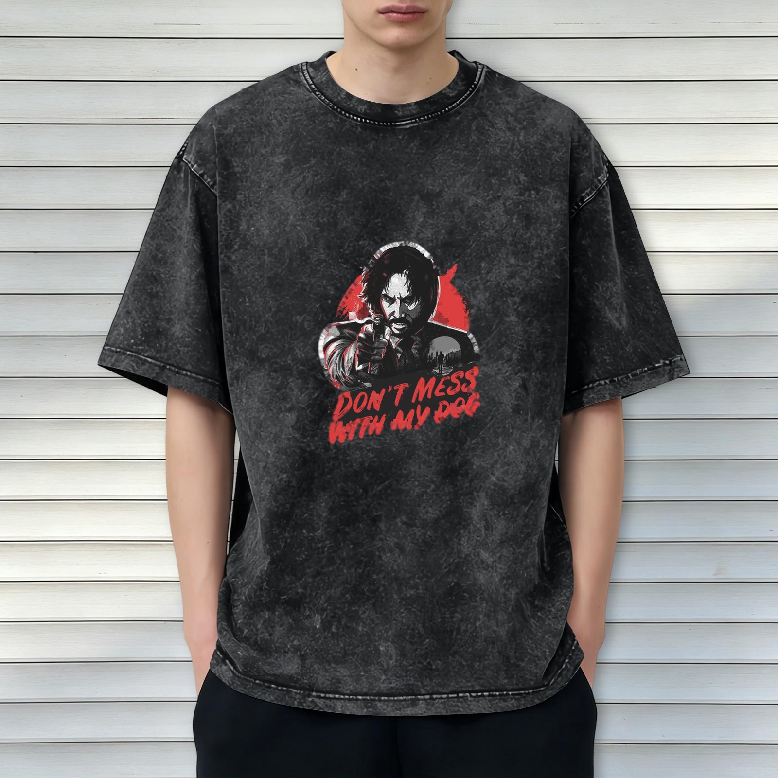 John Wick themed distressed washed black short-sleeved T-shirt Fun slogan 