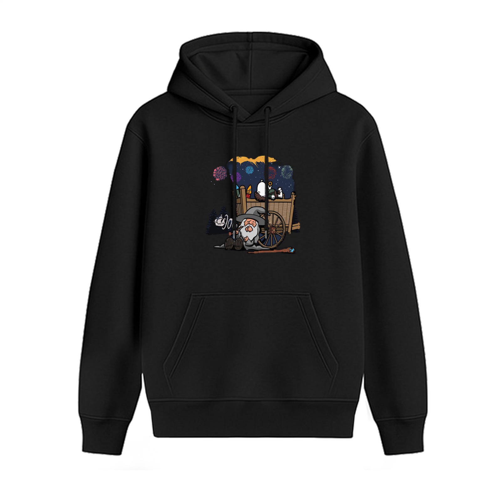 Black hoodie with cartoon wizard and cart graphic design